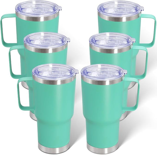 20 oz Tumbler with Handle and Lid Insulated Travel Coffee Mug LightBlue 6P | Stainless Steel Tumbler, coffee tumbler with handle,Spill Proof Double Wall Vacuum Tumbler Cup Keep Drink Hot & Cold by ATQTQ
