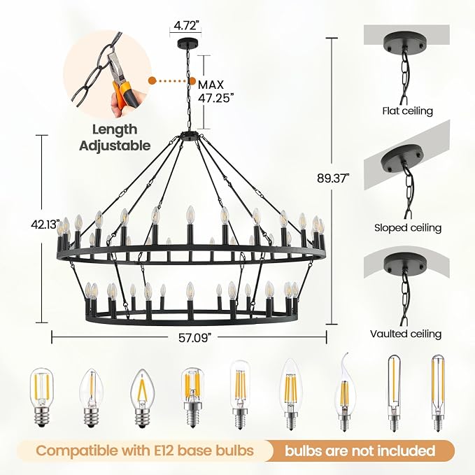 55 Inch Black Wagon Wheel Chandelier, 2 Tier 48-Lights Farmhouse Chandelier for Living Room, Round Rustic Dining Room Light Fixture, Extra Large Foyer Chandeliers for High Ceilings, for Entryway - Image 3