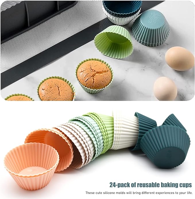 Reusable Silicone Cupcake Baking Cups 24 Pack, 2.75 inch Silicone Baking Cups, Non-stick Muffin Cupcake Liners for Party Halloween Christmas, Easy Clean Pastry Muffin Molds（Multicolor）
