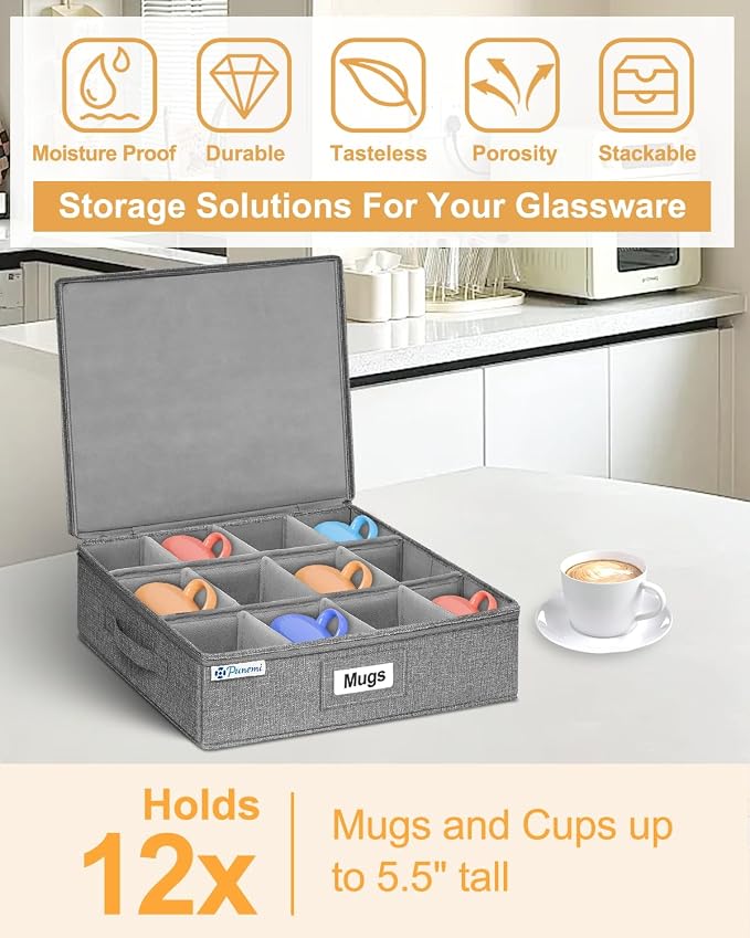 punemi Mug Storage Organizer, 2-Pack Hard Shell Boxes for Packing & Moving | Hard shell sides and bottom with padded dividers for a set of 12 mugs or tea cups; stackable for packing and moving - Image 7
