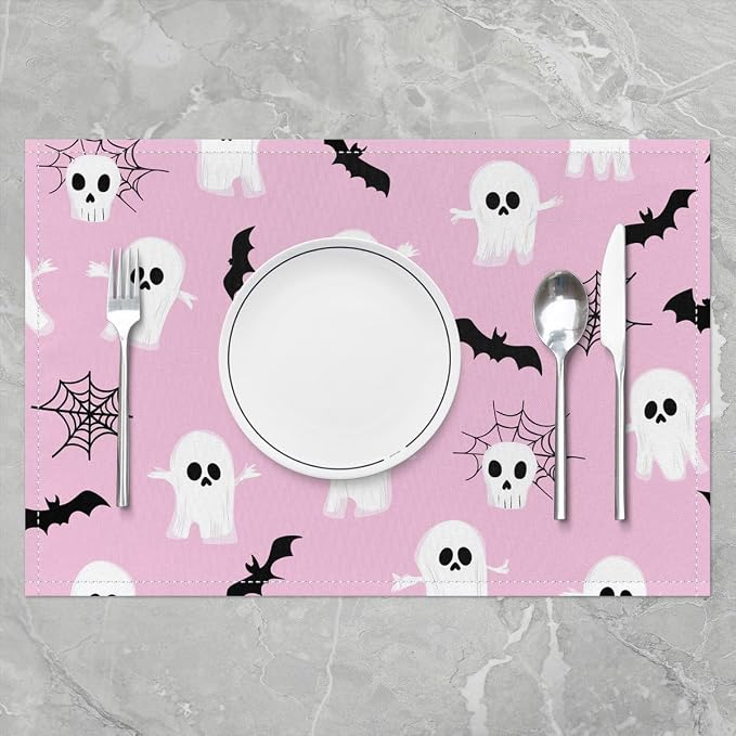 Feelyou Happy Halloween Placemats Set of 4 Cute Ghost Table Mats Pink and White Place Mat for Kitchen Dining Table Party Decor Indoor Outdoor 18"x12" Non-Slip Easy to Clean Bats Cobweb - Image 2