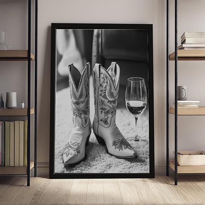 UXCBIA Cowboy Boots And Wine, Black And White, Stylish Vintage Country Poster Canvas Poster Wall Art Decor Print Picture Paintings for Living Room Bedroom Decoration Black Frame 12x18in(30x45cm) - Image 4