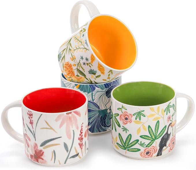 Frcctre Set of 4 Ceramic Coffee Mug Set, Large 15 Ounce Ceramic Tea Cup with Handle, Vintage Hand Painted Floral Porcelain Mug Colorful Restaurant Mug for Coffee, Tea, Milk, Hot Cocoa by Frcctre