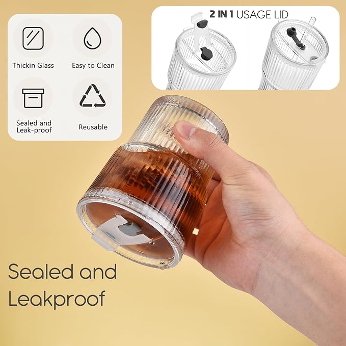 Haundry 14 oz Ribbed Glass cups with Lids and Straws, 2 Pack Iced Coffee Cups, Thickened Glassware Set, Ripple Design Glass Cups for Coffee, Soda, Smoothies, Cocktails and Juice