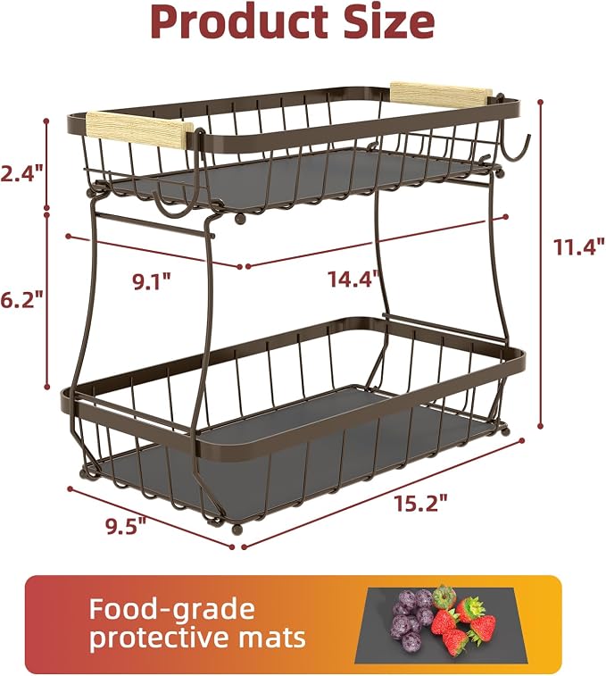 2-Tier Fruit Basket with Banana Hangers, Detachable Metal Bowl | Wooden handle, protective mats included. Versatile holder for bread, snacks, and veggies. Extra Large 2 tier metal design. - Image 7