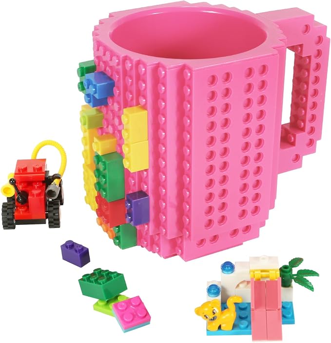 Lumsburry Build-on Brick Coffee Mug, Funny DIY Unique Novelty Drinking Cup | Building Blocks Creative Mug, for Men Women Kids Dad Mom, Present Exchange Ideas, Xmas Birthday White Elephant(Rose) by Lumsburry