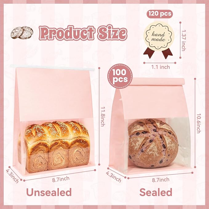 100 Bread Bags with Tabs for Homemade Sourdough Bread, 8.7x4.3x11 Inches Pink Bakery Storage Bags with Window/Ties, Large Bakery Loaf Bag for Baked Goods Packaging - Image 2