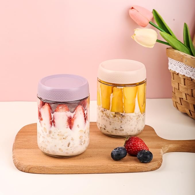 YUNCANG 6-pack Overnight Oats Containers with Airtight Lids, 16 oz Wide Mouth Mason Salad jars, Glass Food Storage Containers for Sugar Spice Yogurt Snacks - Image 3