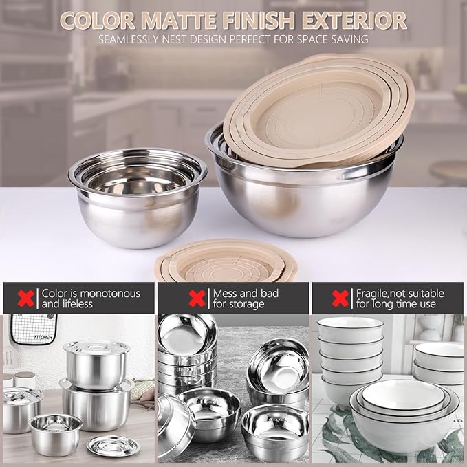 Leidawn Mixing Bowls with Lids set - 25 PCS Stainless Steel Nesting Khaki Mixing Bowls Set for Baking,Mixing,Serving & Prepping,Size 5, 3.7, 2.8, 2.3, 1.7, 1.1, 0.7QT, 11 Cooking - Image 6