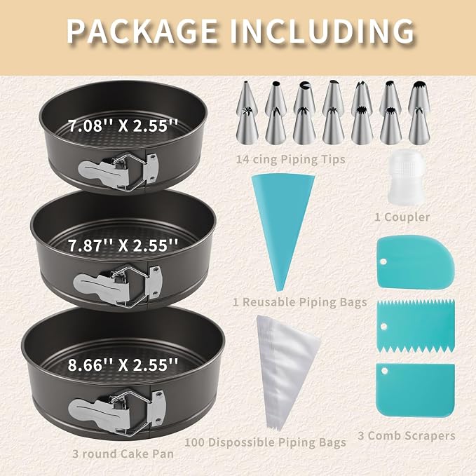 122PCs Cake Pan Sets for Baking, 7/8/9 Inch Round Cake Pans, Nonstick Springform Cake Pans, Cheesecake Baking Pans with 100 Pcs Piping Bags, 16 Pcs Nozzles, 3 Pcs Scrappers - Image 3