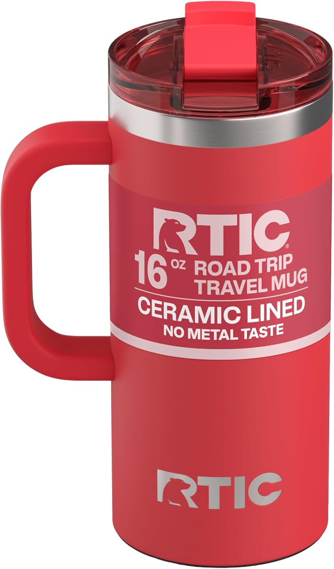 RTIC 16oz Road Trip Travel Mug with Lid and Handle, Ceramic Lined, Flag Red | Stainless Steel Metal, Insulated Travel Cup for Hot and Cold Drinks, Coffee, Car, Camping and Travel by RTIC
