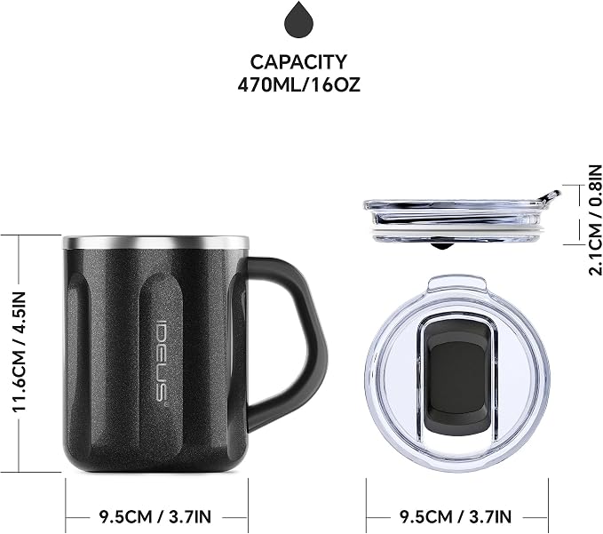 Ideus 16 oz Insulated Coffee Mug with Handle and Lid, Double Wall Stainless Steel Vacuum Thermal Coffee Mug, Travel Coffee Cup Thermal Cup for Home and Office, Black-FUJI FLOW - Image 5