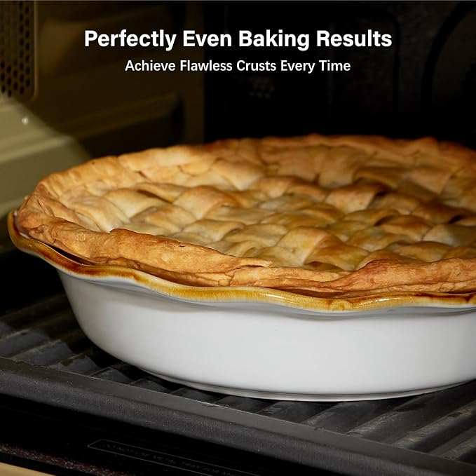 ONEMORE 9-Inch Deep Dish Pie Pan - Ceramic Pizza Pan for Oven, Baking Chicken Pot Pie, Quiche & Tarts - Rustic White Dish for Perfectly Crispy Crust, Large Ruffled Baking Plate - Image 4
