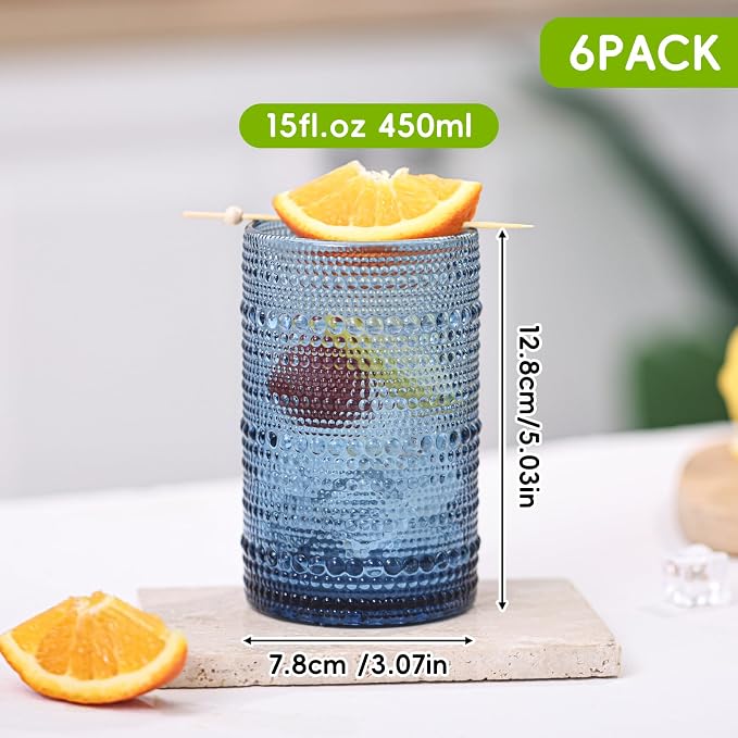 Moretoes 15oz Blue Vintage Hobnail Drinking Glasses Set of 6 | Highball Glass Cups, Kitchen Drinkware Glassware for Beer,Cocktail,Whiskey,Juice and Various Mixed Drinks - Image 2