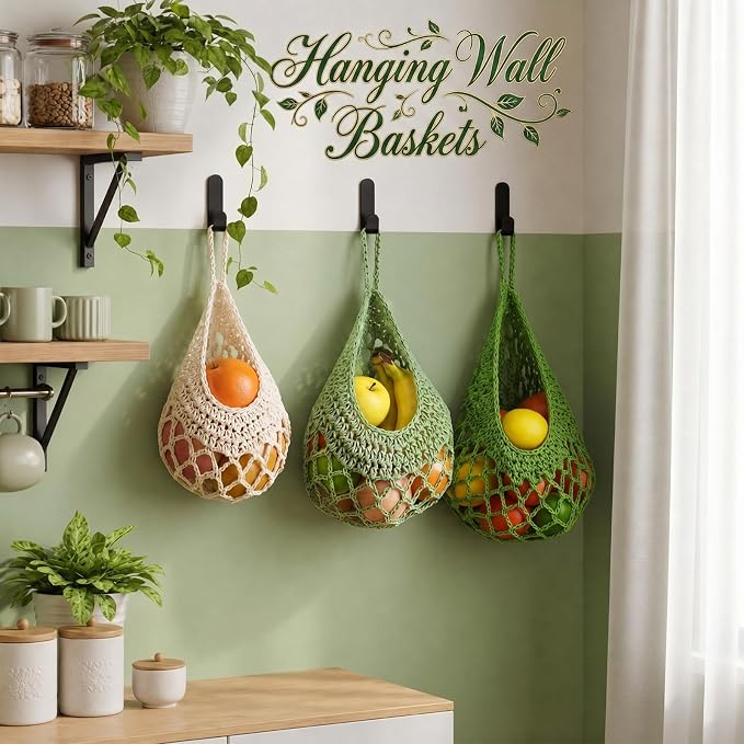Honeydak Boho Decor Hanging Wall Baskets for Kitchen 3 Pack Teardrop Baskets with Hooks Storage Fruit Onion Vegetable Potato for Home 3 Sizes(Spring Color,Crochet,Cotton Rope) - Image 5