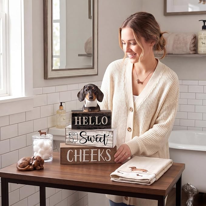 Moucuny 4 Pcs Dachshund Bathroom Decor Set Funny Toilet Wooden Tiered Tray Decor Farmhouse Dachshund Centerpiece Rustic Bathroom Shelf Decoration Hello Sweet Cheeks Decoration for Home Office - Image 6