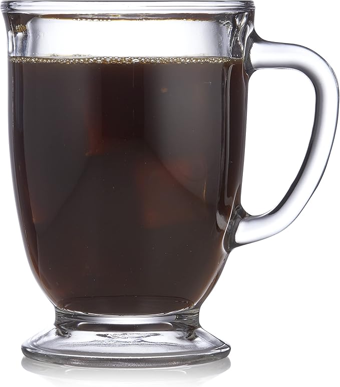Libbey Kona Glass Coffee Mugs Set of 6, Elegant 16 Ounce Clear Tea Mug, Dishwasher Safe Glass Mugs with Handles for Tea, Coffee,and Espresso