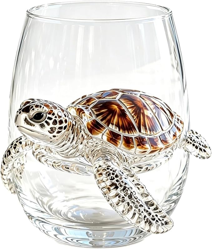 Handcrafted 3D Sea Turtle Stemless Wine Glass | Artisanal Ocean Theme Borosilicate Glassware, Coastal Marine Animal Decorative Drinkware, Coastal Home Decor Gift(Turtles) by Unknown