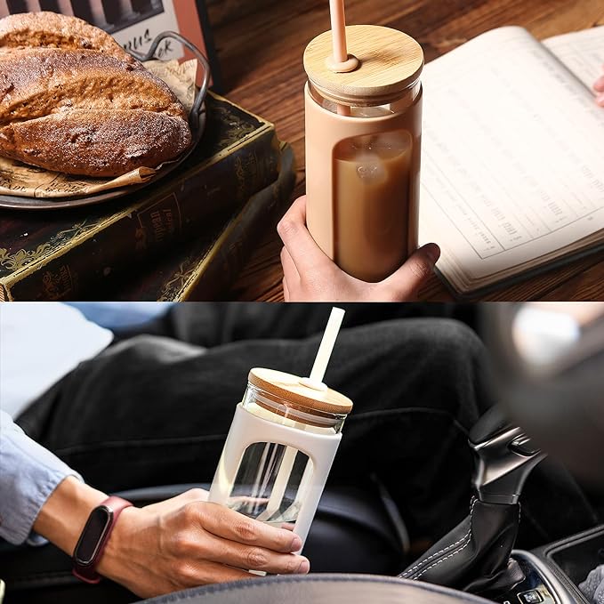 Kodrine 20oz Glass Water Tumbler with Straw and Lid, Bamboo Lids Water Bottle, Iced Coffee Cup Reusable, Wide Mouth Smoothie Cups with Protective Silicone Sleeve BPA FREE-Amber