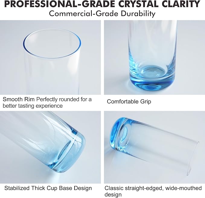 Blue Highball Glasses Set of 6,13oz Drinking Glass Cups for Mixed Drink Cocktail, Beer, Mojito, Water and Juice,Thick Tall Crystal Glassware for Kitchen, Restaurant, Home Bar and Parties - Image 3