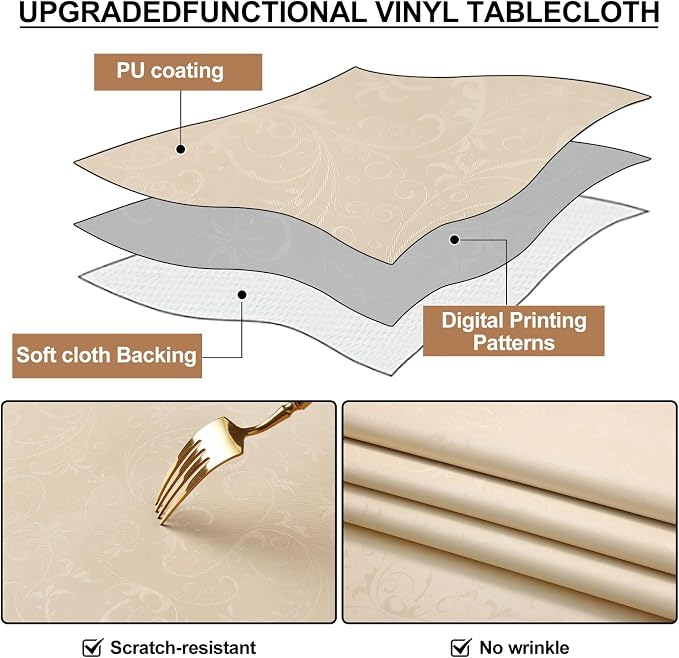 Smiry Rectangle Waterproof Heavy Duty Vinyl Tablecloths, 60 x 84 Inch | Wipeable Washable Floral Embossed Table Cover for Kitchen and Dining Room, Indoor & Outdoor Use, Cream - Image 6