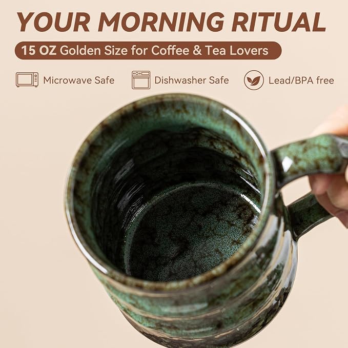 Unique Reactive Glaze Ceramic Coffee Mug - 15 oz Large Coffee Cup with Ergonomic Large Handle, Forest Green Ceramic Mug for Office & Home, Great Birthday Gift for Women, Men & Friends - Image 7