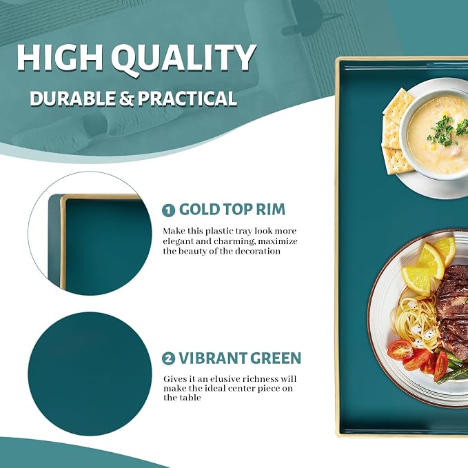 MAONAME Teal Decorative Tray for Coffee Table, Serving Tray with Handles | Plastic Melamine Tray, Modern Ottoman Tray, Rectangular Countertop Organizer Tray for Living Room, 15.8"L x 10.2"W x 1.4"H - Image 3