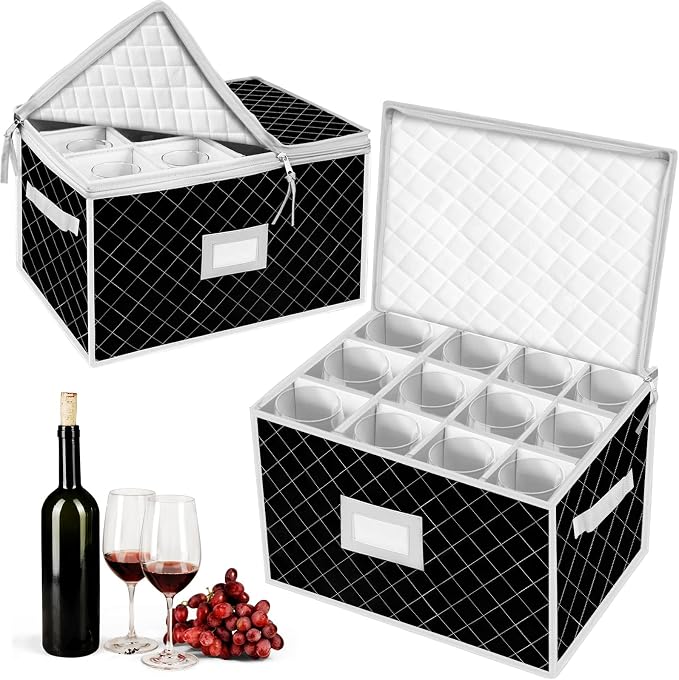 China Storage Containers - Stemware Storage Cases for 12 Wine Champagne Glasses - 2 Pack Crystal Glassware Protector Packing Boxes with Dividers and 2 Handles for Moving (Black) by VERONLY