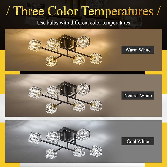 24" Black and Gold Crystal Semi Flush Mount Ceiling Light Modern 6-Light Sputnik Chandelier Luxury Light Fixture for Kitchen Island Entryway Dining Room Living Room - Image 5