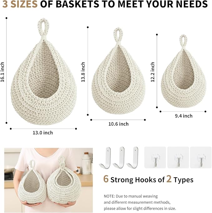 Boho Wall Hanging Fruit Baskets for Kitchen 3 Pack Woven Produce Holder with 6 Pcs Strong Hooks Vegetable Hanging Basket for Organizing Teardrop Home Wall Potato Onion Storage, White - Image 4