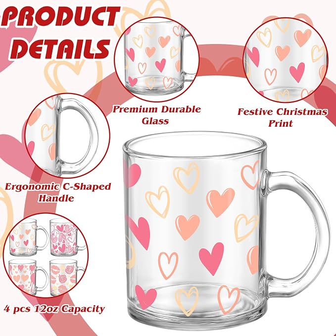 Tioncy 4 Pcs Valentines Heart Coffee Mugs 12 oz Heart Glass Cups with Handle Valentine's Day Pink Coffee Cup Sweet Love Gifts Drinking Mugs for Romantic Holiday Party - Image 3