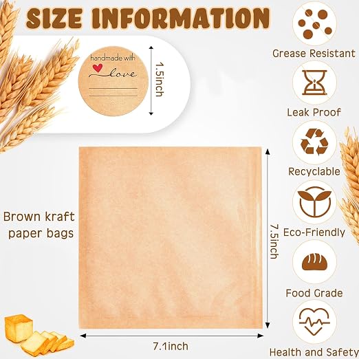 Outus 30 Pcs Cookie Packaging Bags with Seal, 7.1 x 7.5 Inch Bakery Pastry Bags with Window, Heat Sealable Grease Resistant Paper to Go Bake Sleeves for Gift Giving Donut Bread Sandwich (Brown) - Image 2
