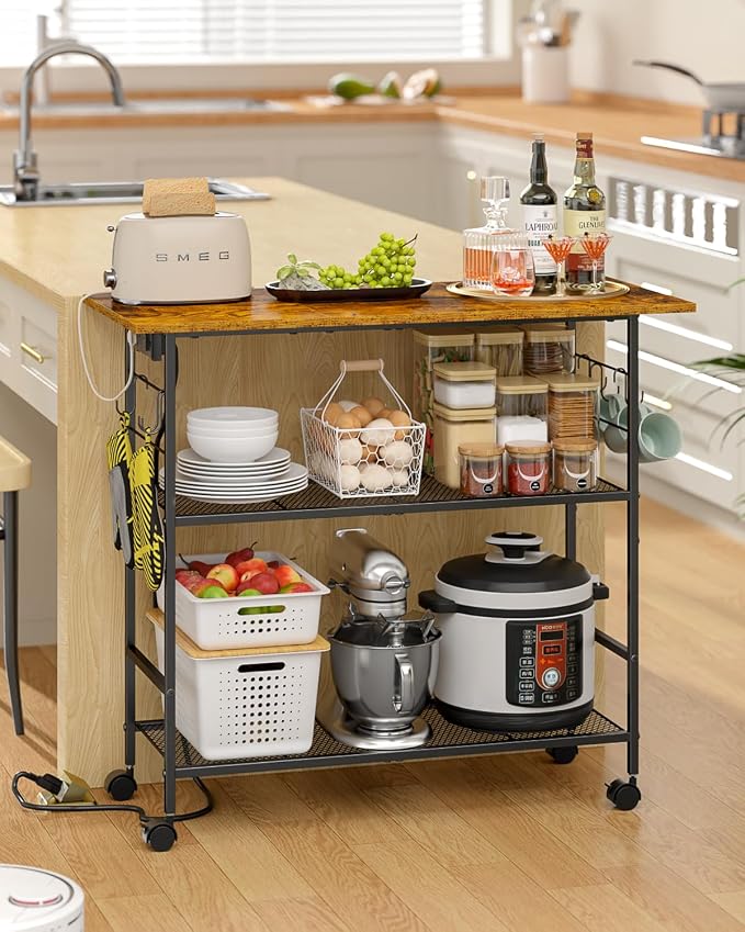 Kitchen Island with Power Outlet, Rolling Kitchen Cart with 6 Hooks and Protective Shelf, Microwave Stand on Lockable Wheels, Bakers Rack Coffee Bar for Dining, Living Room, Outdoor, Metal Frame - Image 6