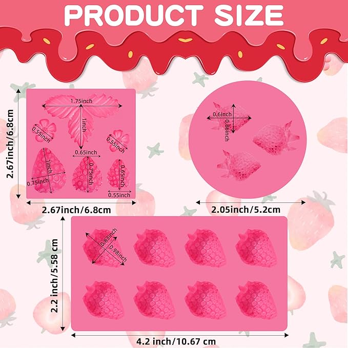 3Pcs Strawberry Silicone Mold Flowers 3D Strawberry Fondant Mold for DIY Cupcakes Fruit Gummies Chocolate Jelly Cookies Dessert