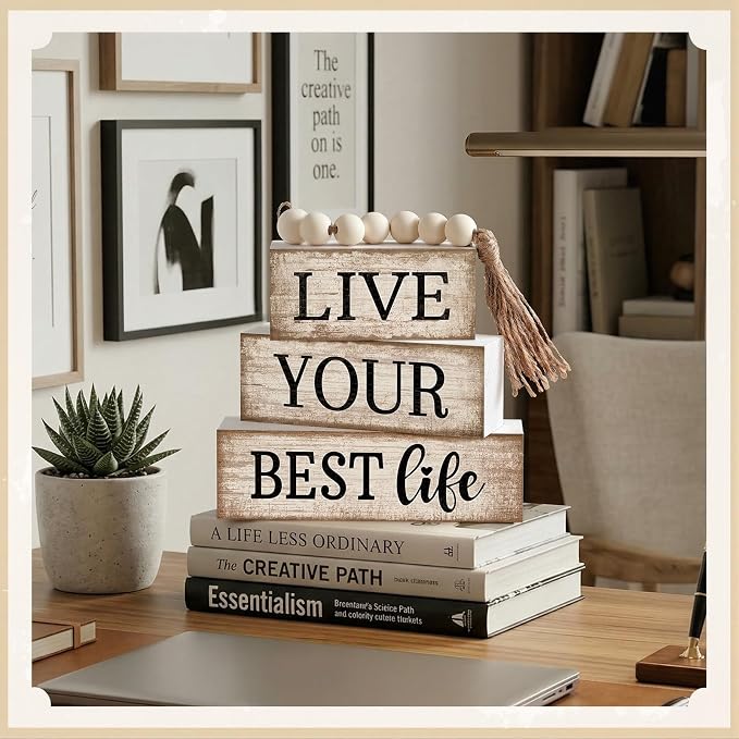 Moucuny 4 Pcs Farmhouse Table Decor Inspirational Wooden Signs Rustic Beaded Wooden Block Gift Sign Live Your Best Life Farmhouse Table Centerpiece for Living Room Housewarming Gift - Image 3