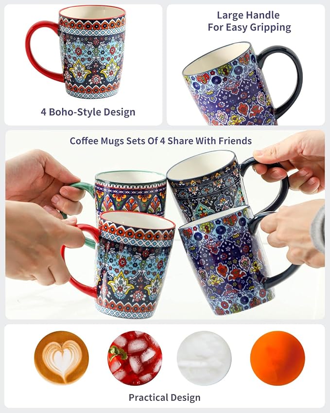 HASENSE Coffee Mugs, 15 OZ Coffee Cups Ceramic Set of 4 with Handle and Bohemian Style for Man Woman, Vintage Stoneware Porcelain Coffee Cups Set for Tea, Cocoa, Milk, Latte and Cappuccino - Multi - Image 4