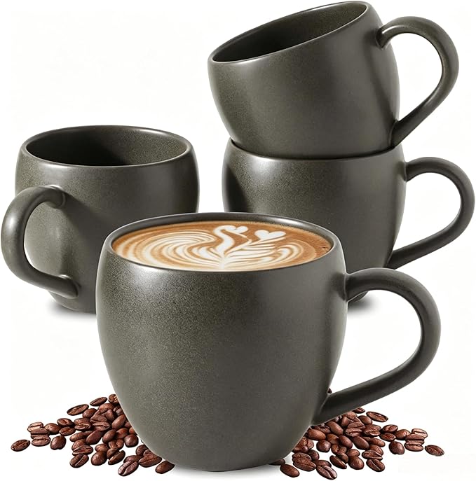 Coffee Mugs Set of 4, Black 16 oz Coffee Mugs for Latte Cappuccino Cocoa and Tea, Ceramic Coffee Cups With Handle,Stoneware Mugs for Housewarming Gifts, Microwave＆Dishwasher Safe by Tikooere