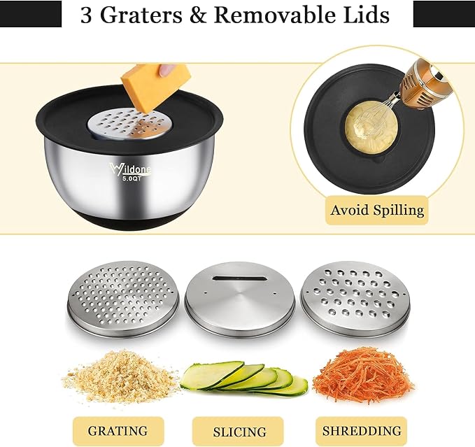 Wildone Mixing Bowls with Airtight Lids, Stainless Steel Mixing Bowls Set | Metal Bowls with 3 Grater Attachments & Non-Slip Bottoms, Size 5, 4, 3, 2,1.5, 0.63QT, Includes Utensil Set for Prep, Black - Image 3