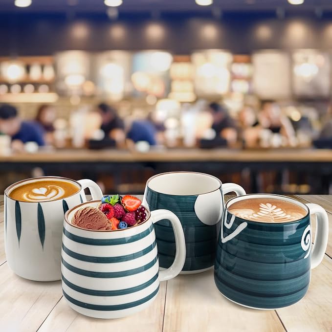 DEAYOU Set of 4 Porcelain Coffee Mugs, 17 Oz Ceramic Coffee Cups with Handles, Large Hand-Painted Tea Cups for Cappucino, Milk, Latte, Cocoa, Hot or Cold Drinks, Microwave & Dishwasher Safe - Image 7