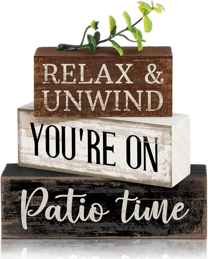 Moucuny 4 Pcs Farmhouse Table Decor Rustic Patio Stacked Wooden Decor - "Relax & Unwind You're on Patio Time" Sign with Greenery Topper for Home Porch Yard Shelf Fireplace Tiered Tray Decoration by Moucuny
