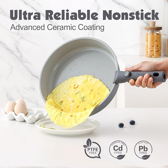 SENSARTE 24 Piece Ceramic Detachable Handle Pots and Pans Set Gray | Ceramic Cookware Set, Induction Cookware Set with Removable Handle, Healthy Non Stick for RV, Dishwasher ＆ Oven Safe - Image 4