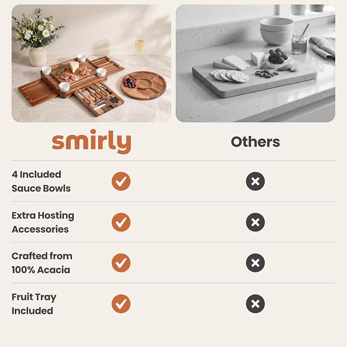 SMIRLY Charcuterie Boards Set, Large Cheese Board Set, Acacia | House Warming Gift, Wedding Gift for Couple, Bridal Shower Gift, Cheese Board Gift Set, Detachable Drawer Design, 3-Drawer - Image 6