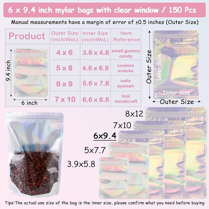 150 Pcs Mylar Bags for Food Storage, 6x9 Mylar Bag with Window Stand Up, Bulk Holographic Resealable Bags Smell Proof Bag Food Packaging for Small Business Freeze Dried Candy Jewelry Foil Packaging - Image 5