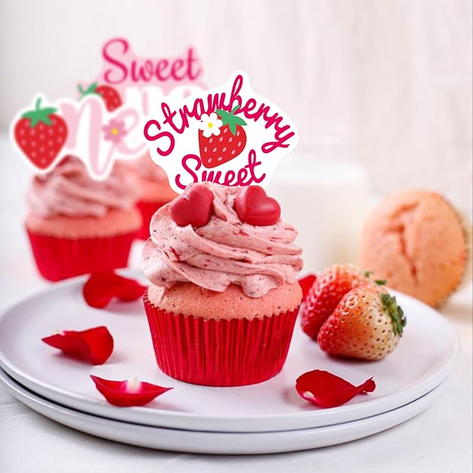 42Pcs Edible Strawberry Sweet One Cupcake Toppers Wafer Paper Birthday Strawberry Cupcake Picks for Baby Shower Kids Birthday Party Cake Decorations Supplies - Image 4