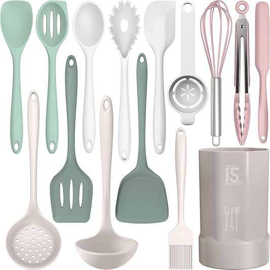 AOTHOD Silicone Cooking Utensils Set - 446°F Heat Resistant Silicone Kitchen Utensils,Spatula,Spoon, Kitchen Utensil Sets Gadgets Tools Set for Nonstick Cookware,Dishwasher Safe BPA FREE (Multicolor) by Safeandsuitableforuse