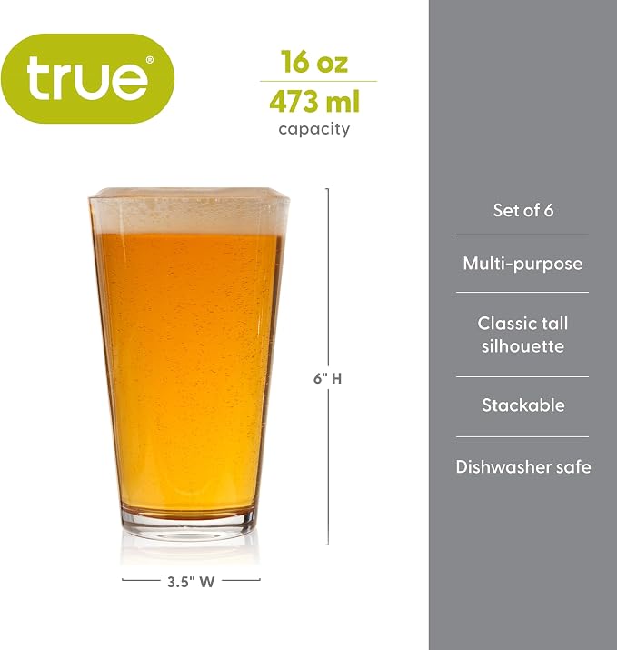 True Stackable Beer Glasses, Pint Glasses for Beers, Water, Iced Coffee, Cocktails, Game Night, Beer Gifts for Men, BBQ Outdoor Party, Home Bar Accessories, Kitchen Glassware, 16 oz, Set of 6 - Image 3