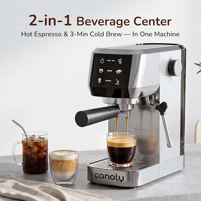 Canoly 2-in-1 Espresso Machine, Cold Brew Maker, 20 Bar Pump, Touchscreen | Steam Milk Frother for Cappuccino and Latte, Compact Home Espresso Maker, 9 Bar Extraction, Fast Heating, Easy Cleaning - Image 2