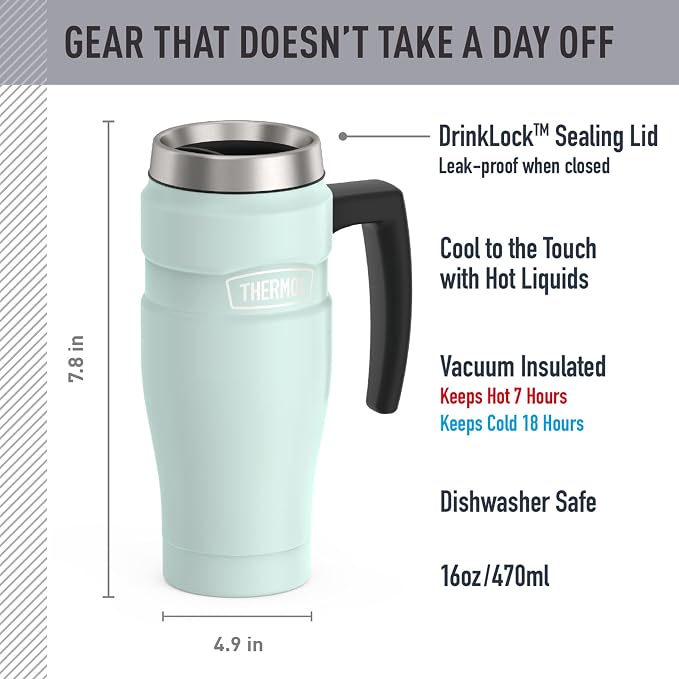 THERMOS Stainless King Vacuum-Insulated Travel Mug with Handle - 16oz, Matte Light Blue Tumbler for Hot & Cold Drinks - Leak & Sweat-Proof Stainless Steel Coffee Mug with Lid for Commuting - Image 2