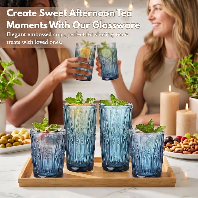 Blue Drinking Glasses Set of 12, 12 Oz Highball & 10 Oz Cocktail Glasses, Blue Kitchen Vintage Glassware Set, Floral Embossed Glass Tumbler Cups for Beer, Juice, Whiskey, Coffee(Snow) - Image 3