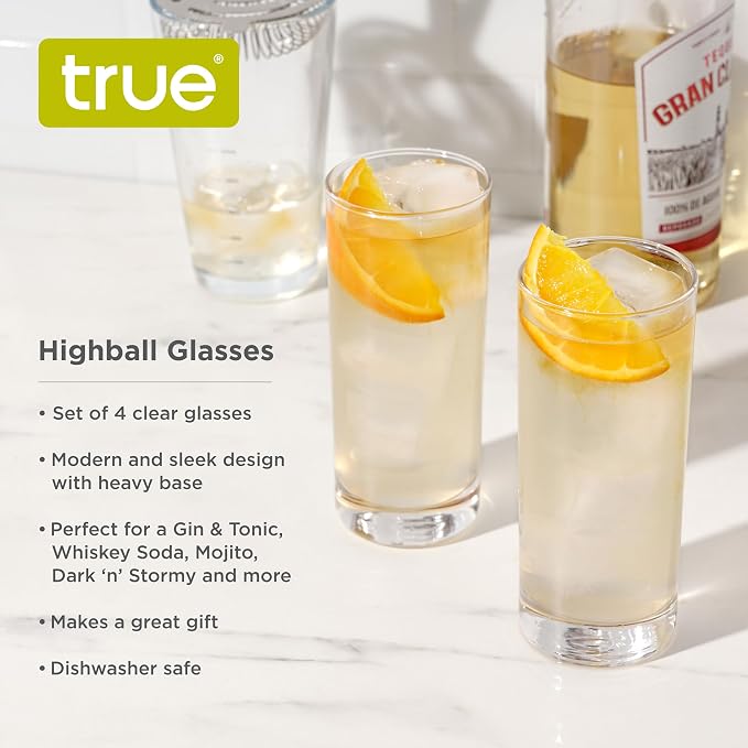True Highball Glasses, Tall Glass Tumbler for Cocktails, Mojito Iced Tea Juices, Soda Water Drinking Cups, Kitchen Glassware, Home Bar, 11 oz Set of 4 - Image 2